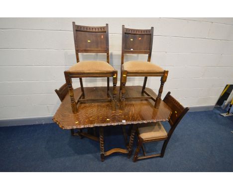 AN EARLY TO MID 20TH CENTURY OAK GATE LEG TABLE, with pie crust edging, on barley twist supports, open length 135cm x closed 