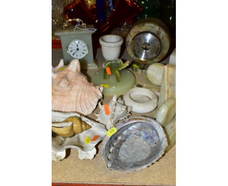 A SMALL GROUP OF ONYX ITEMS AND SEA SHELLS, the onyx to include a pair of bookends, a quartz mantel clock, a Weathermaster de