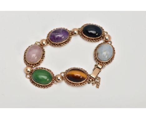 A 9CT GOLD SEMI-PRECIOUS STONE BRACELET, designed with six semi-precious stone cabochons, such as amethyst, tiger eye, rose w