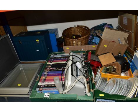 THREE BOXES AND LOOSE CERAMICS, HOUSEHOLD SUNDRIES, ETC, including an attache case, folding sloped shelving unit, empty LP an