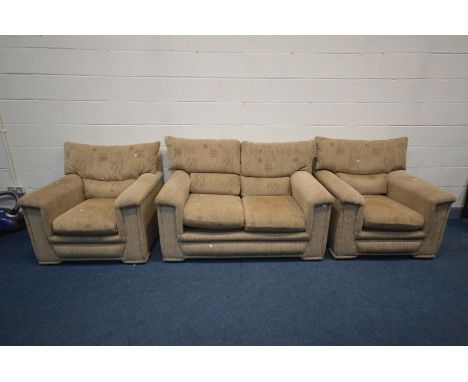 A BROWN UPHOLSTERED THREE PIECE LOUNGE SUITE, comprising a sofa, length 142cm and a pair of armchairs, width 92cm