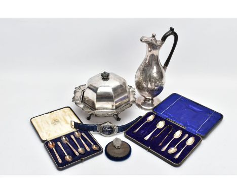 A BOX OF SILVER AND PLATED ITEMS, to include a complete cased set of six Mappin and Webb coffee spoons, Art Deco style handle