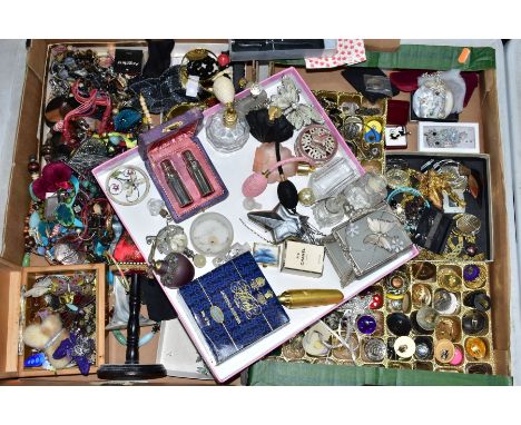 TWO BOXES OF MAINLY COSTUME JEWELLERY, to include various butterfly brooches, a micro mosaic brooch, an agate bead bracelet, 