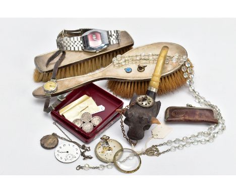 A BOX OF SILVER AND OTHER ITEMS, to include 2 silver handled brushes, of plain design, weighted handles  hallmarked Birmingha