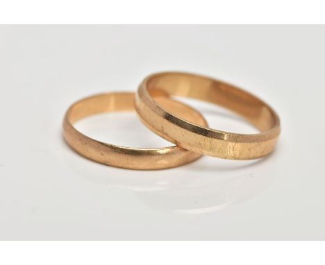 TWO 9CT GOLD WEDDING BANDS, each of a plain polished design, both with 9ct gold hallmarks for London and Birmingham, ring siz