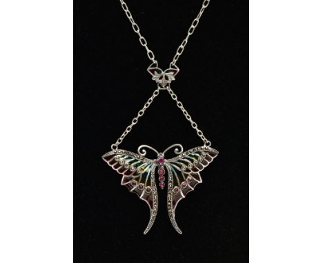 A PLIQUE-A-JOUR GEM BUTTERFLY PENDANT NECKLACE, with ruby detail to the body, red, yellow and green plique-a-jour wings with 