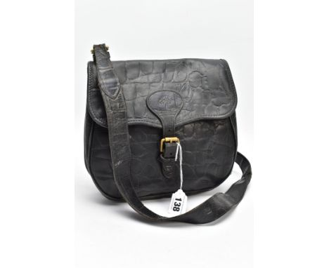 A VINTAGE MULBERRY BLACK LEATHER BAG, the crocodile embossed leather with buckle fastening, Mulberry check interior lining an
