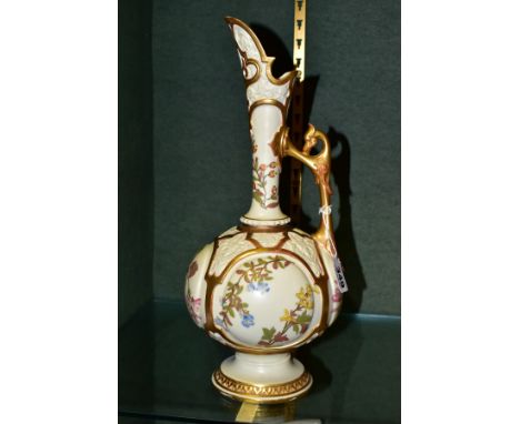 A ROYAL WORCESTER PEDESTAL EWER, with bulbous body and slender neck, floral and foliage decoration and blush ivory ground, wi