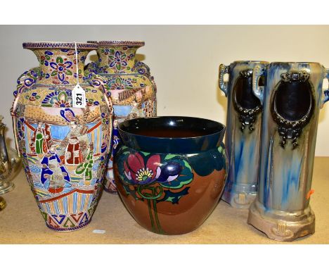 A PAIR OF 20TH CENTURY JAPANESE SATSUMA MORIAGE VASES, raised polychrome enamel decoration, with traditional figures, height 