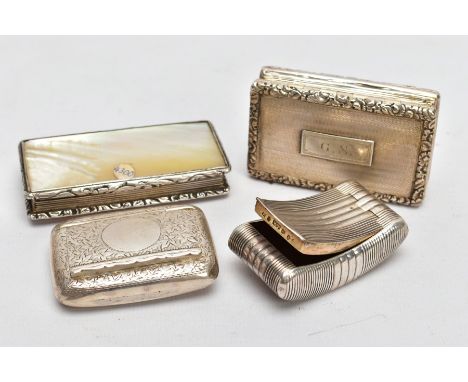 FOUR SILVER SNUFF BOXES, to include a silver Edwardian example with engraved ivy detail, a mid Victorian silver snuff box wit
