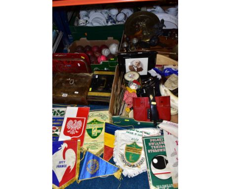 THREE BOXES AND LOOSE METALWARES, USED CRICKET BALLS, etc, including two vintage cash tins, one with working key, a Dialatron
