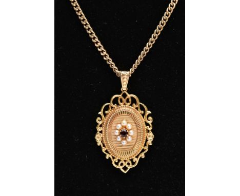 A MODERN 9CT GOLD FANCY OVAL CULTURED PEARL AND GARNET LOCKET AND FILED CURB CHAIN, oval locket centring on a cluster or cult