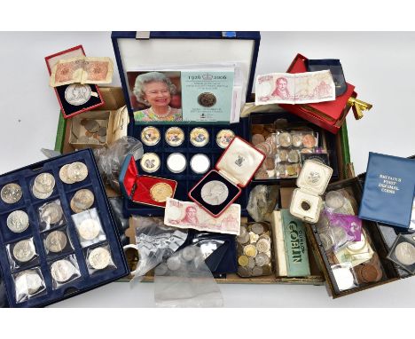 A LARGE BOX OF MIXED COINAGE to include two George IV crown coins 1821 some wear, a 1845 Victoria crown edge knocks, a Victor