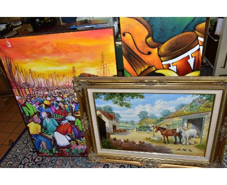 STAN K MITCHELL (S.K) BRITISH 20TH CENTURY, a farmyard scene with heavy horses, chickens and cattle, signed bottom left, oil 