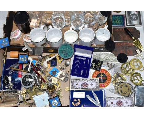 TWO BOXES OF GLASSWARE AND MASONIC COLLECTABLES, many pressed and plain glasses with etched and engraved Masonic detail, the 