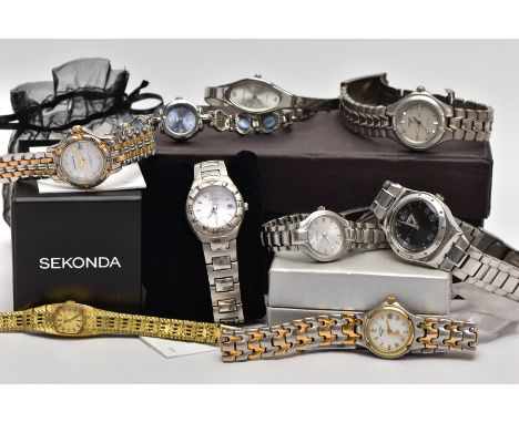 A COLLECTION OF LADY'S QUARTZ WRISTWATCHES, to include a Philip Mercier, a Swatch Irony watch, an Accurist, Sekonda, Tissot a