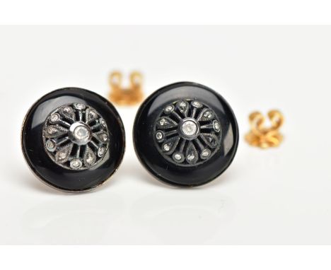 A PAIR OF GEM STUD EARRINGS, of circular outline, the central decorative domed section set with brilliant cut diamonds within