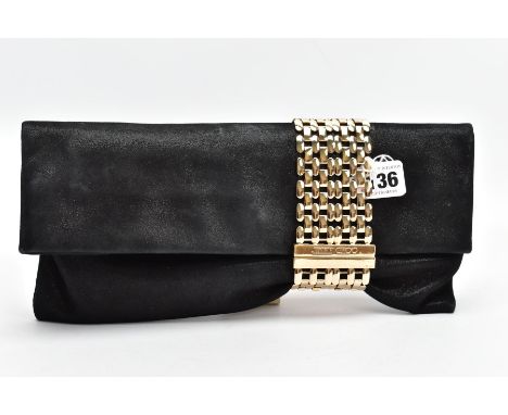 A JIMMY CHOO BLACK SUEDE EVENING BAG, of fold over design, the suede with a shimmer finish, with a brick link chain panel det