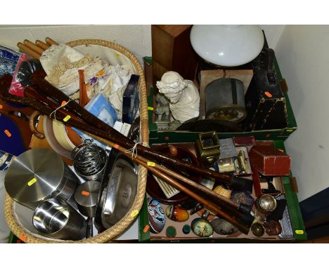 TWO BOXES, A WICKER CRIB AND LOOSE METALWARES, KITCHENALIA, WALKING STICKS, COLLECTABLES, ETC, including a walking stick with