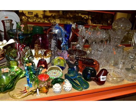 A COLLECTION OF COLOURED AND CLEAR GLASSWARE, including a Wedgwood red bird paperweight, an iridescent maltese glass bird pap