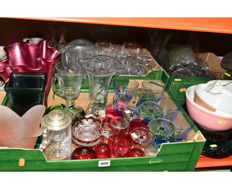 THREE BOXES AND LOOSE GLASSWARE, including a set of eight green and blue sundae glasses, seven assorted cranberry sherry glas