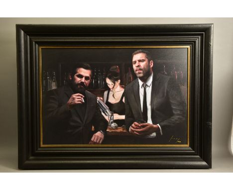 VINCENT KAMP (BRITISH CONTEMPORARY) 'TENSION BUILDING' a limited edition print of two male figures in a bar 40/150, signed bo