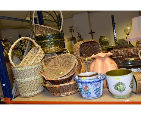 A QUANTITY OF WICKER BASKETS, CERAMIC VASES AND PLANTERS, etc, to include six assorted card filing drawers, three Portmeirion