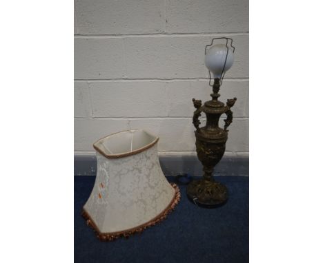 A 20TH CENTURY BRASS FRENCH TABLE LAMP on a circular marble base, with a fabric shade, height to fitting 65cm