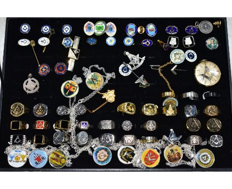 A JEWELLERY BOX OF MASONIC COSTUME JEWELLERY, to include signet rings, cufflinks, money clip, stick pins and a pocket watch, 