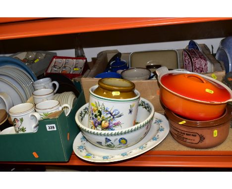 THREE BOXES AND LOOSE CERAMICS, GLASS , ORNAMENTS, KITCHEN ITEMS, ETC, to include Denby (collection of six fruit mugs, (some 