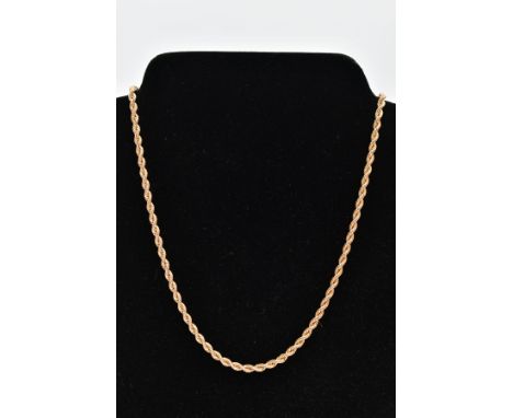A 9CT GOLD HOLLOW ROPE TWIST CHAIN, fitted with a spring clasp hallmarked 9ct gold Birmingham import, length 460mm, approxima