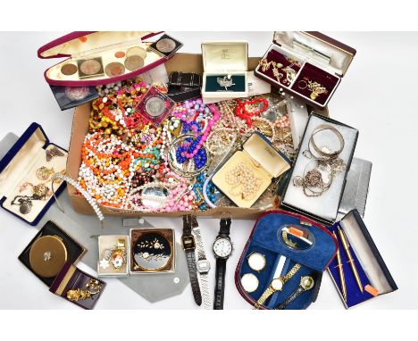 A BOX OF SILVER AND COSTUME JEWELLERY, to include a silver rope link chain, three silver bangles, pendants and lockets, a sil