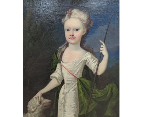 Early 18th century English School, oil on canvas, Portrait of a girl as a shepherdess, 74 x 62cm