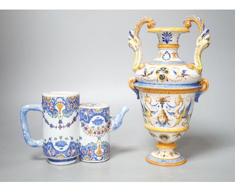 A Ginori maiolica two handled vase and Delft polychrome double cylinder teapot 27cm