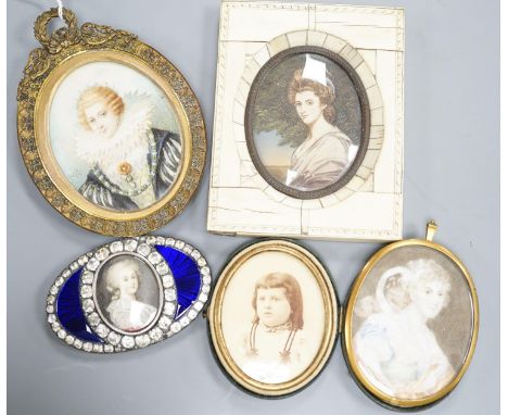 A paste and enamel framed Portrait miniature on ivory, 9.2cm and four other portrait miniatures (three on ivory)