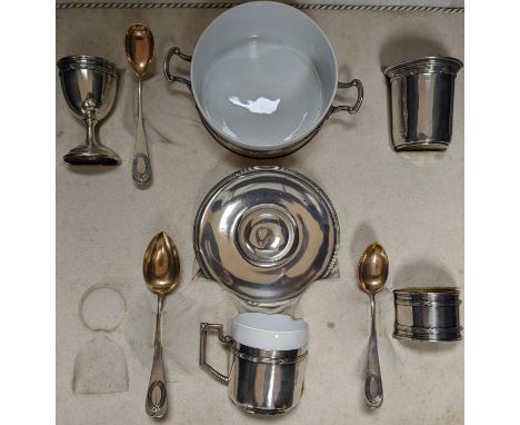 A cased part German 800 white metal mounted ceramic part tea set (incomplete), metal weight 5.5oz.