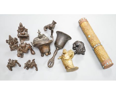 A Chinese gilt copper figure, a Chinese Dog of Fo, a bell, a censer, six Indian bronze figures and a scroll box