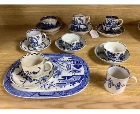 A group of Worcester and Caughley blue and white tea and coffee wares, late 18th century including fisherman pattern, three f
