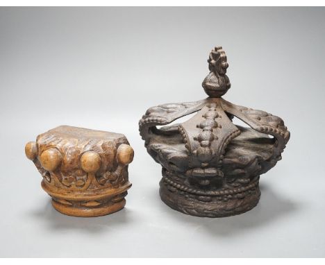 A Victorian cast iron model of a crown and a carved wood crown appliqué 21cm