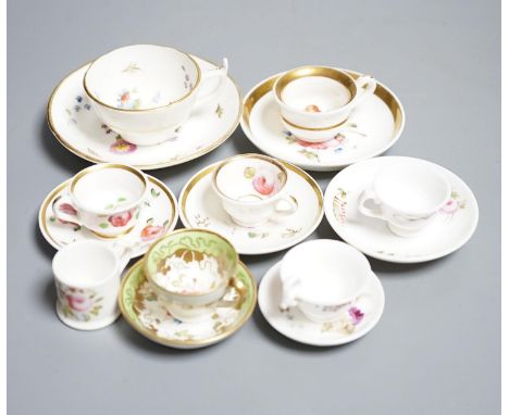 Seven Staffordshire or Alcock miniature teacups and saucers and a similar miniature mug, c.1815-20. Provenance - Mona Sattin 