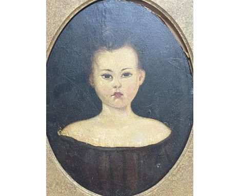 19th century English school, oil on board, Primitive portrait of a girl, 30 x 22cm