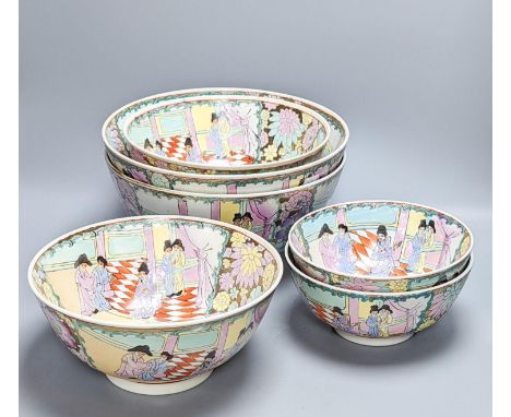 A set of six Chinese famille rose graduated bowls and a scroll picture