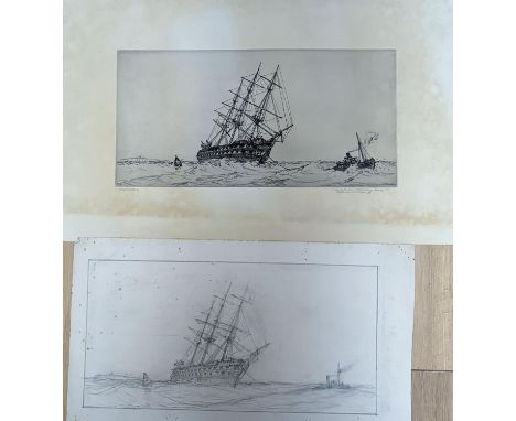 Nelson Dawson (1859-1941) an original drawing and the corresponding etching, 'Crossing The Bar - HMS Revenge towing into Appl