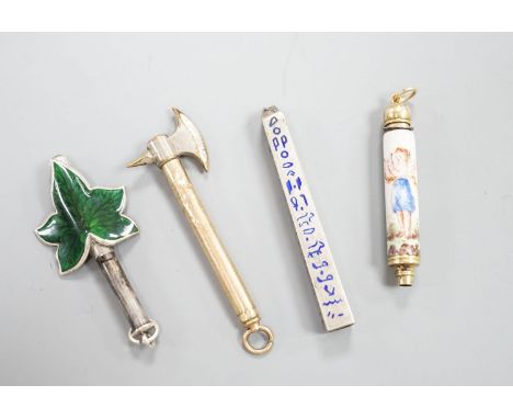 Four assorted pencils, including three enamelled and novelty modelled as an axe