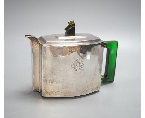 An Anglo Indian Art Deco metal teapot, with acrylic handle and finial, H 14cm