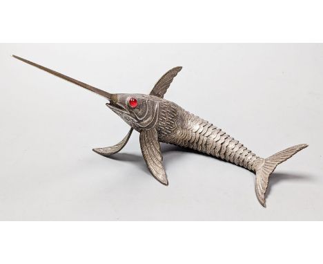 A 20th century Spanish articulated model of a swordfish, with red glass eyes, approx. 26.5cm, gross weight 118 grams.