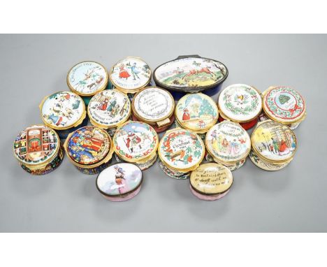 A collection of enamel patch boxes including Halcyon Days