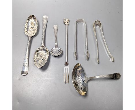 A pair of 18th century silver base mark 'berry spoons', marks pinched and sundry flatware including a Victorian silver pickle