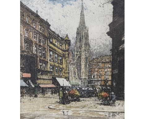 Luigi Kasimir, coloured etching, Viennese street scene, signed in pencil, 12 x 11cm