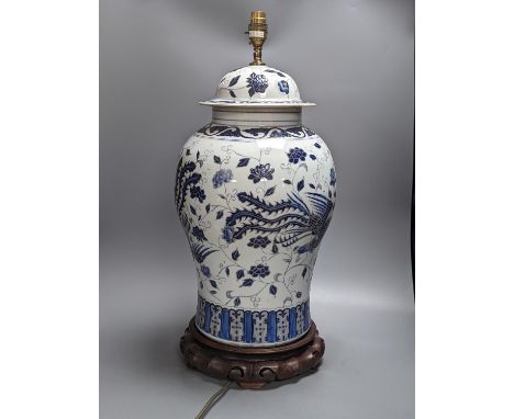 A Chinese blue enamelled porcelain baluster vase, converted to electric lamp 52cm